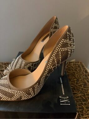 INC International Concepts Taupe Stone-Studded D'Orsay High Heels